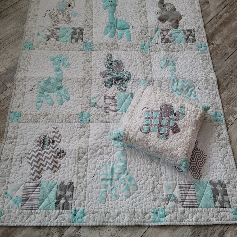 Handmade Baby Quilt Pillow Blue Gray White Elephant Giraffe Applique Nursery Art